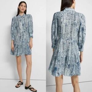 NWT $545 Theory Volume Mini Shirt Dress Silk Teal Multi Cascade Block Size 8